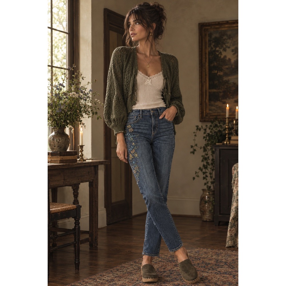 Sundance Driftwood Audrey Cassia Embroidered Floral Jeans | Dark Wash |‎ SZ 28